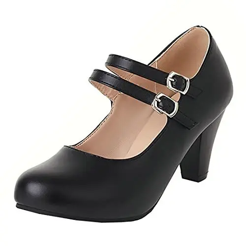 Produktbild: MISSUIT Damen Mary Jane High Heels Blockabsatz Pumps mit Riemchen Geschlossen Schuhe(Schwarz,36)