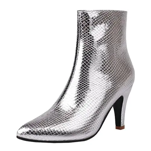 Produktbild: MISSUIT Damen Metallic Ankle Boots Glitzer Stiletto High Heels Stiefeletten Spitz Reißverschluss Schuhe(Silber,40)