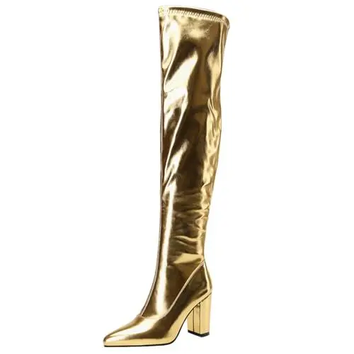 Produktbild: MISSUIT Damen Overknee Stiefel Blockabsatz Glitzer Spitz Metallic Stiefel High Heels Slouchy Stiefel Reißverschluss Schuhe(Gold,35)