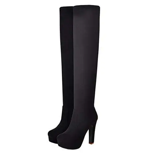 Produktbild: MISSUIT Damen Overknee Stiefel High Heels Plateau Sretch Boots mit Blockabsatz und 12cm Absatz Winter Schuhe(Schwarz,34)