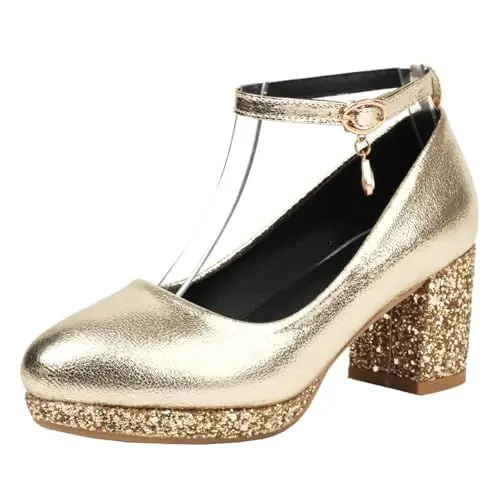 Produktbild: MISSUIT Damen Plateau Glitzer Pumps mit Knöchelriemen Blockabsatz Hochzeit Schuhe(Gold,38)