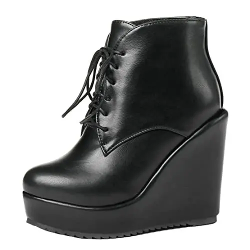 Produktbild: MISSUIT Damen Plateau High Heels Stiefeletten Keilabsatz zum Schnüren Ankle Boots Wedge Schuhe(Schwarz,38)