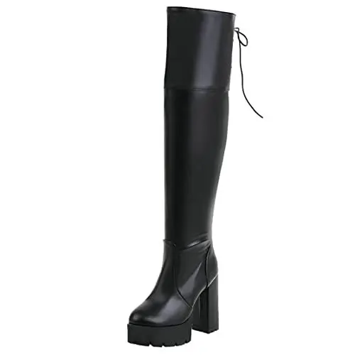 Produktbild: MISSUIT Damen Plateau Overknee Stiefel Blockabsatz High Heels Stiefel Schnürung Langschaft Stiefel(Schwarz,39)