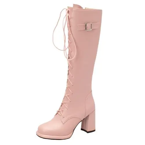 Produktbild: MISSUIT Damen Schnürstiefel Kniehoch High Heels Kniehohe Plateau Stiefel mit Schnürung Kniestiefel Blockabsatz Hohe Stiefel Reißverschluss Schuhe(Pink,46)
