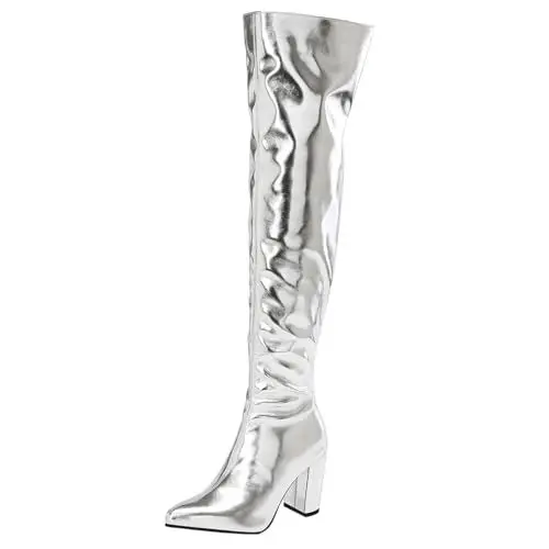 Produktbild: MISSUIT Damen Spitze Overknee Stiefel mit Blockabsatz Glitzer Metallic Stiefel Slouchy High Heels Langschaftstiefel Reißverschluss Schuhe(Silber,40)