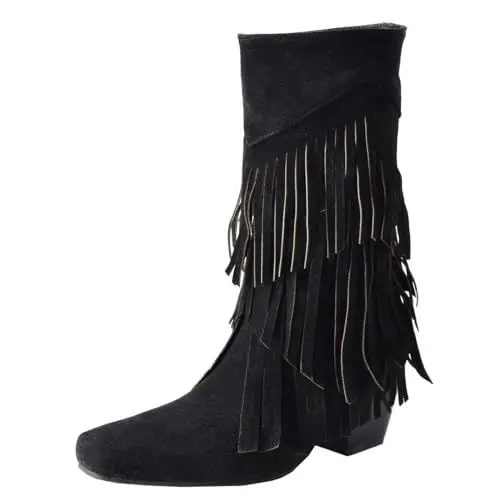 Produktbild: MISSUIT Damen Stiefeletten High Heels mit Fransen Blockabsatz Halbschaft Stiefel High Heels Halbstiefel Schuhe(Schwarz,35)