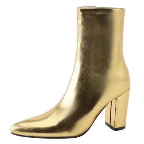Produktbild: MISSUIT Damen Stiefeletten Metallic Blockabsatz Ankle Boots Spitz High Heels Glitzer Reißverschluss Schuhe(Gold,35)