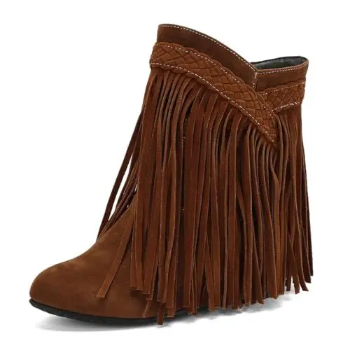 Produktbild: MISSUIT Damen Stiefeletten mit Fransen Wildleder Keilabsatz Ankle Boots Flacher Absatz(Gelb,34)