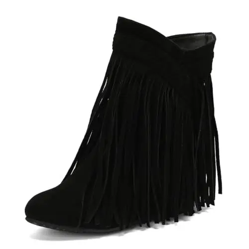 Produktbild: MISSUIT Damen Stiefeletten mit Fransen Wildleder Keilabsatz Ankle Boots Flacher Absatz(Schwarz,38)