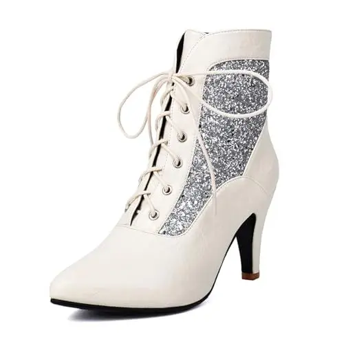 Produktbild: MISSUIT Damen Stiefeletten mit Glitzer Schnürung Spitze Stiletto High Heels(Weiß,38)