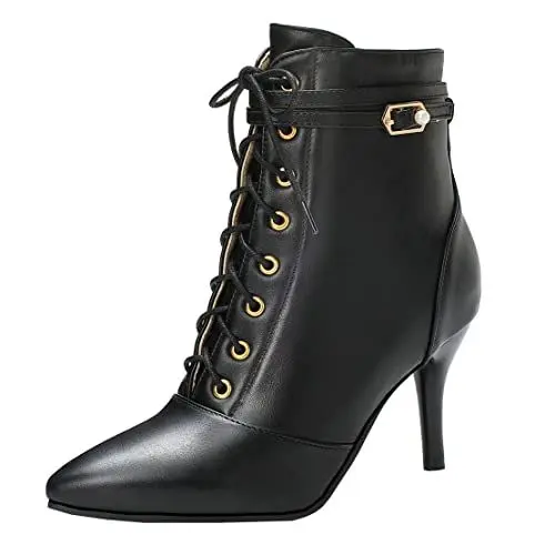 Produktbild: MISSUIT Damen Stiletto High Heels Stiefeletten Schnürung Spitze Ankle Boots Schnallen Reißverschluss Schuhe(Schwarz,42)