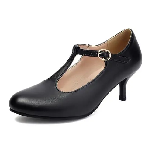 Produktbild: MISSUIT Damen T-Strap Pumps Kitten Heel Schnalle Stiletto(Schwarz,34)
