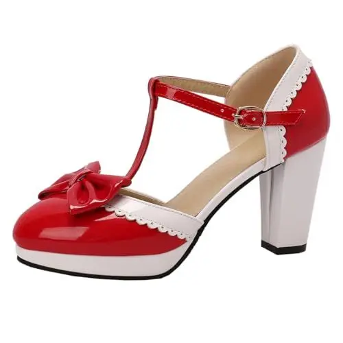 Produktbild: MISSUIT Damen T-Strap Pumps Lack Blockabsatz Plateau High Heels mit Schleife(Rot,38)