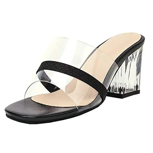 Produktbild: MISSUIT Damen Transparent Mules Pantoletten mit Blockabsatz High Heels Sandalen Pantoffeln Outdoor Slipper Schuhe(Schwarz,44)