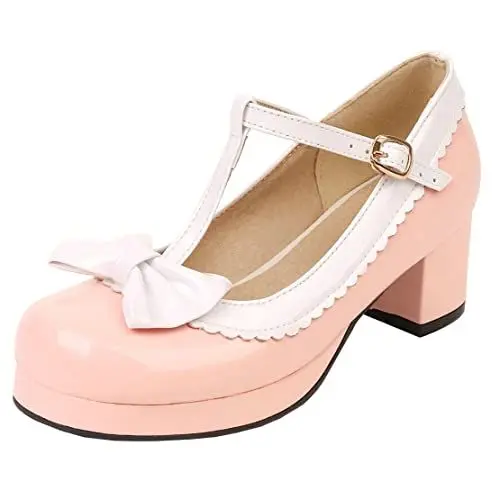 Produktbild: MISSUIT Damen T-spangen Mary Jane Plateau Pumps mit Blockabsatz Riemchen Lack Schleife Geschlossen Rockabilly Schuhe(Pink,39)