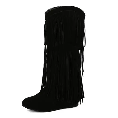 Produktbild: MISSUIT Damen Wildleder Stiefel mit Fransen Boho-Stil Cowboystiefel Keilabsatz Kniehohe Stiefel(Schwarz,38)