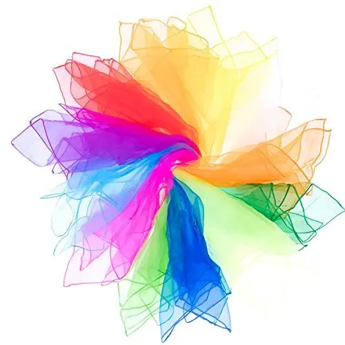 Produktbild: Mister M | 12 Chiffontücher | 60x60 cm | Jongliertücher | Inkl. Video-Tutorial | Chiffontuch Spielzeit, Spieltücher für Babys und Kinder zum Tanzen und Jonglieren (Mehrfarbig)