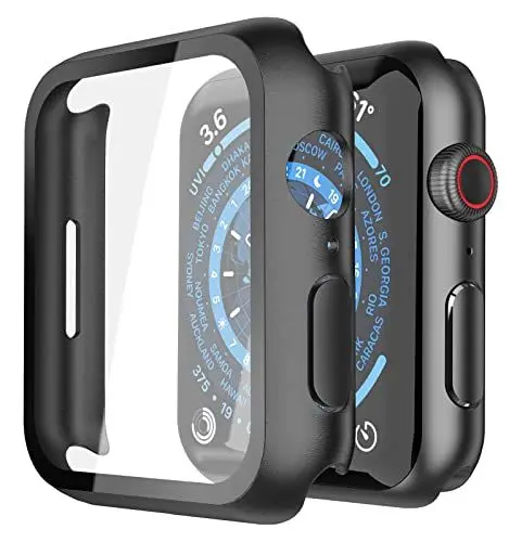 Produktbild: Misxi Hard Hülle mit Glas Displayschutz Kompatibel mit Apple Watch Series 9 Series 8 Series 7 45mm, Rundum Schutzhülle HD Ultradünne PC Schutz Case für iWatch S9/S8/S7, 2-Stück, Schwarz