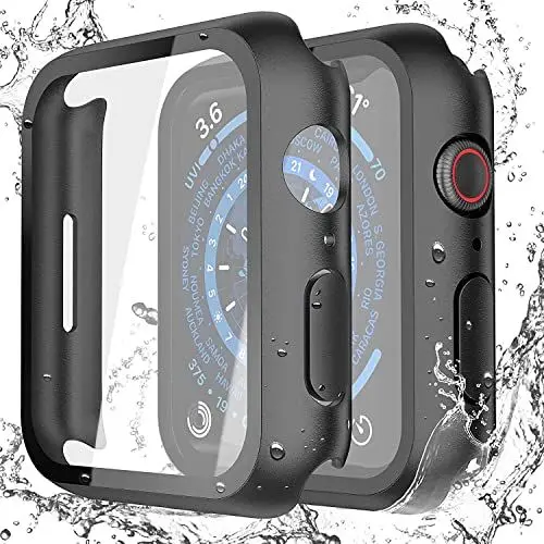 Produktbild: Misxi Schwarz Wasserdichtes Hülle mit Gehärtetem Glas Displayschutz für Apple Watch Series 9 Series 8 Series 7 45mm, HD Ultradünne Stoßfeste Vollschutz PC Schutzhülle für iWatch, 2-Stück