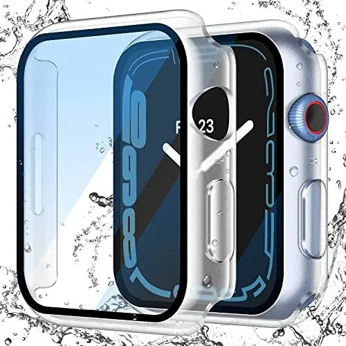 Produktbild: Misxi Transparent Wasserdichtes Hülle mit Gehärtetem Glas Displayschutz für Apple Watch Series 9 Series 8 Series 7 45mm, HD Ultradünne Stoßfeste Vollschutz PC Schutzhülle für iWatch, 2-Stück