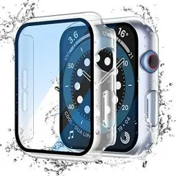 Produktbild: Misxi Transparent Wasserdichtes Hülle mit Gehärtetem Glas Displayschutz für Apple Watch Series SE 2 (2024) / SE Series 6 Serie 5 Series 4 44mm, Stoßfeste Vollschutz PC Schutzhülle für iWatch, 2-Stück