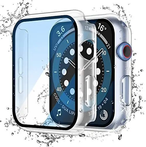 Produktbild: Misxi Transparent Wasserdichtes Hülle mit Gehärtetem Glas Displayschutz für Apple Watch Series SE 2 (2024) / SE Series 6 Serie 5 Series 4 44mm, Stoßfeste Vollschutz PC Schutzhülle für iWatch, 2-Stück