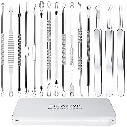 Produktbild: Mitesserentferner Komedonenquetscher Set, IUMAKEVP 15 Stücke Hochwertiger Blackhead Remover aus Edelstahl von Mitessern und Pickeln im Gesicht, Pickel Ausdrücken Werkzeug mit Metallgehäuse (Silber)