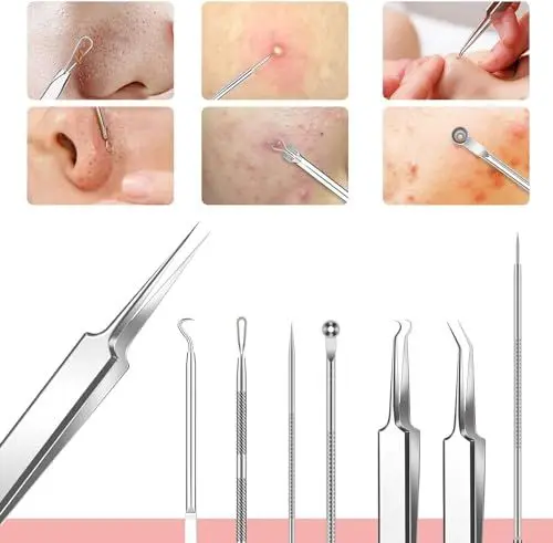 Produktbild: Mitesserentferner-Set (rostfreier Edelstahl) zum entfernen von Pickeln, Blackheads & co. - 8 Stück Komedonenquetscher, Heber, Remover - Verschiedene Tools: Schlingen, Pinzetten, Lanzette… (Silbrig)