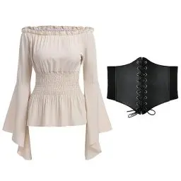 Produktbild: Mittelalter Bluse Damen Gothic Steampunk Korsett Oberteil Off Shoulder Top Viktorianisches Renaissance Kleidung Piratenkostüm Wikinger Kostüm Halloween Karneval Faschingskostüme Aprikose+Gürtel S