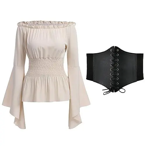 Produktbild: Mittelalter Bluse Damen Gothic Steampunk Korsett Oberteil Off Shoulder Top Viktorianisches Renaissance Kleidung Piratenkostüm Wikinger Kostüm Halloween Karneval Faschingskostüme Aprikose+Gürtel S