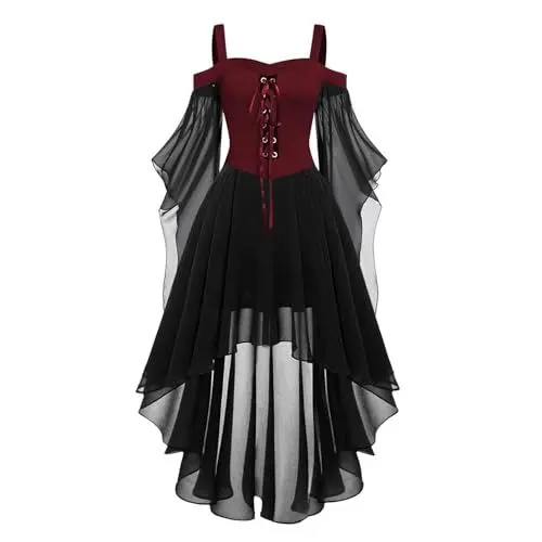 Produktbild: Mittelalter Kleid Damen Renaissance Gothic Retro Kleider Chiffon A-Line Kostüm Victorian Mittelalter Abendkleider mit Trompetenärmel Halloween Ballkleid Fasching Karneval Kostüme