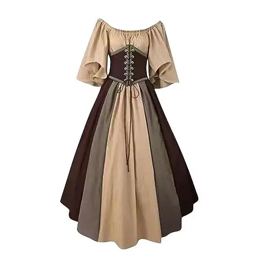 Produktbild: Mittelalter Kleidung Damen Lang Off Shoulder Halloween Kostüm Damen Halbarm Hohe Taille Renaissance Kleid Damen Einfarbig A Linie Gothic Kleid Schnürung Viktorianisches Kleid Plissee Elegant