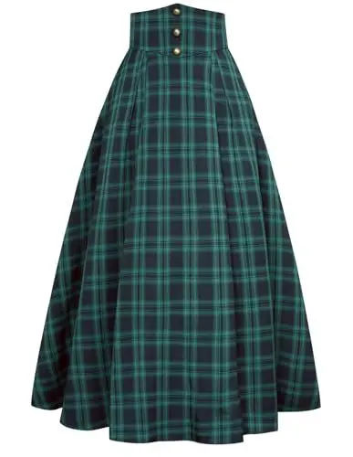 Produktbild: Mittelalter Rock Damen Gothic Langer Rock A-Linie Cosplay Steampunk Gypsy Rock Schwarz Grün Plaid Große Größen XXL