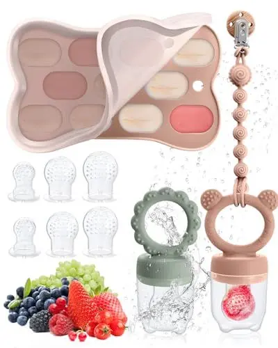 Produktbild: Mittimiya Fruchtsauger Baby ab 3 4 5 6+ Monate, 2 Stück Baby Obst Nahrung Futterautomat & MBabynahrungs-Aufbewahrungsbehälter & Schnullerkette & 6 Silikon Sauger in 3 Größen, Obst Schnuller Baby