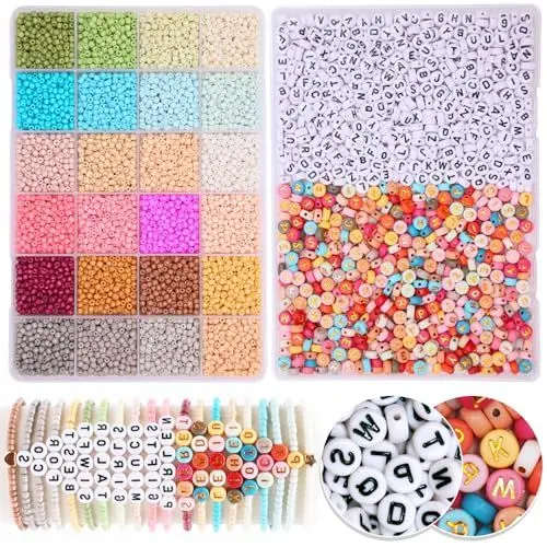 Produktbild: MiuCo 3mm Perlenset für Armbänder Selber Machen, 24Bunte Morandi Glasperlen zum Auffädeln und 4x7mm Buchstabenperlen mit Gummiband für Freundschaftsarmbänder Schmuckherstellung Halsketten Making Kit