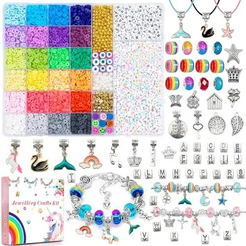 Produktbild: MiuCo Armbänder Selber Machen Bastelset Kinder für Geschenk Basteln Mädchen 5 6 7 8 9 10Jahre, Perlenset zum Auffädeln für Teenager Einhorn Spielzeug, Perlen für Armbänder, Bracelet Making Kits