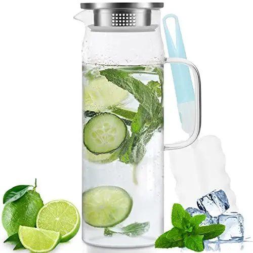 Produktbild: Miudeco Glaskaraffe, 1,5 Liter/51 Unzen Wasserkaraffe mit Deckel, Glaskrug für Heißes/Kaltes Wasser, Eistee und Saftgetränke (mit Becherbürste)