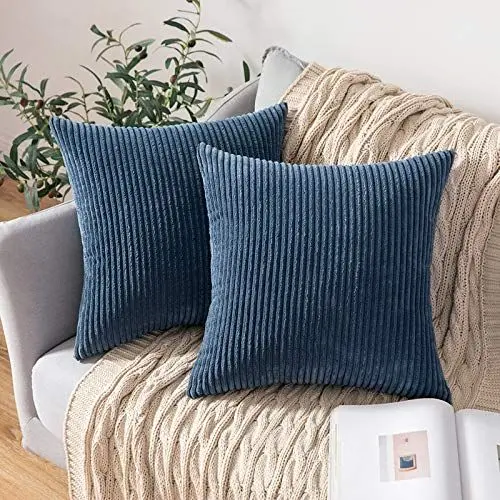 Produktbild: MIULEE 2er Set Kissenbezüge Kord Kissenhülle Dekorative Kissenbezug Sofakissen Couchkissen Dekokissen Zierkissenbezug Deko Kissenhülle mit Verstecktem Reißverschluss 40x40 cm Dunkelblau