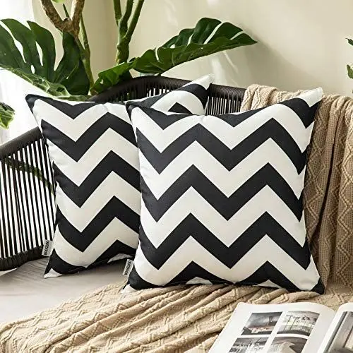 Produktbild: MIULEE 2er Set Outdoor Kissenbezüge Wellen Gestreift Kissenbezug wasserdichte Kissenhülle Dekokissen Sofakissen Dekorativ Couchkissen Bezug für Sofa Wohnzimmer Balkon Garten 50x50 cm Schwarz