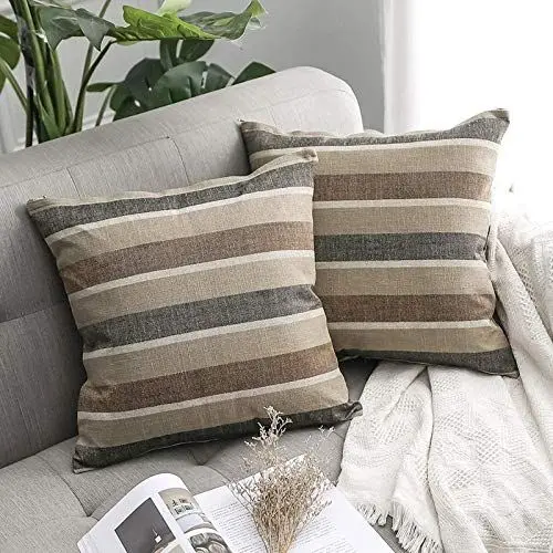 Produktbild: MIULEE 2er Set Streifen Kissenbezüge Kissenhülle Leinenoptik Sofakissen Dekorative Kissenbezug Dekokissen Deko Couchkissen Bezug für Sofa Büro Couch Schlafzimmer Wohnzimmer 40x40 cm Kaffee