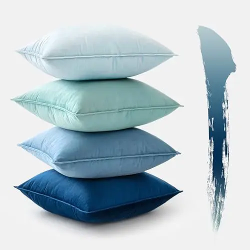 Produktbild: MIULEE 4er Set Samt Kissenbezug 50x50 cm Blau Serie Dekorative Kissenhülle Sofakissen Dekokissen Umwickelte Kante Kissenbezüge Zierkissenbezug für Sofa Wohnzimmer Schlafzimmer