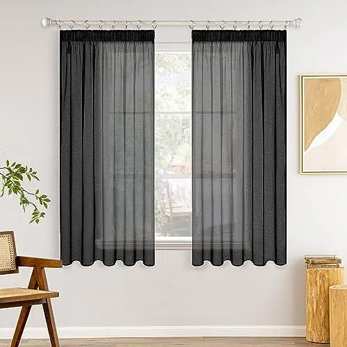 Produktbild: MIULEE Gardinen Vorhänge mit Kräuselband 2er Set Gardine Vorhang Gardinen Wohnzimmer aus Sheer Voile Curtains Transparent Schlafzimmer Schwarz 140 x 175 cm