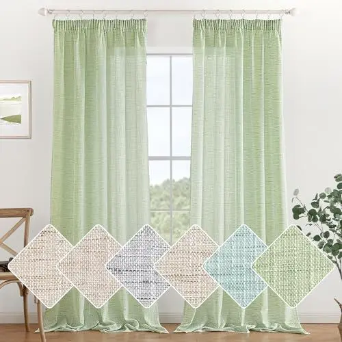 Produktbild: MIULEE Leinen Gardinen Vorhänge mit Kräuselband Weiss Gardine Vorhang Leinenoptik kräuselband Wohnzimmer Modern Voile Schienensystem Schlafzimmer 2er Set 140x245 cm Grün