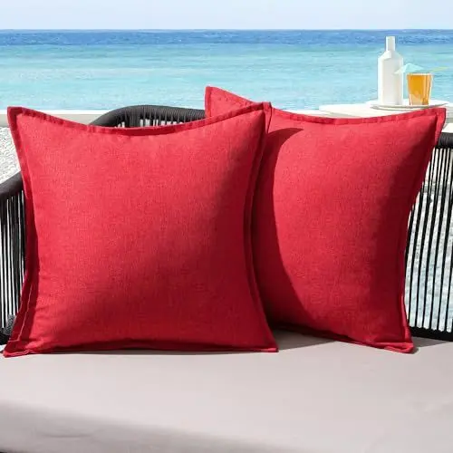 Produktbild: MIULEE Outdoor Kissen Wetterfest Kissenbezug Wasserdichter Dekorative Kissenbezüge Leinen-Optik Sofakissen Dekokissen für Garten Sofa Couch Wohnzimmer Schlafzimmer 2er Set 50x50cm Rot