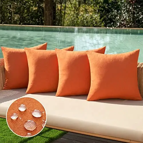 Produktbild: MIULEE Outdoor Kissenbezug Wasserdicht Kissen Wasserfest Dekorative Kissenbezüge Leinen-Optik Sofakissen Dekokissen für Garten Sofa Couch Wohnzimmer Schlafzimmer 4er Set 40x40 cm Orange