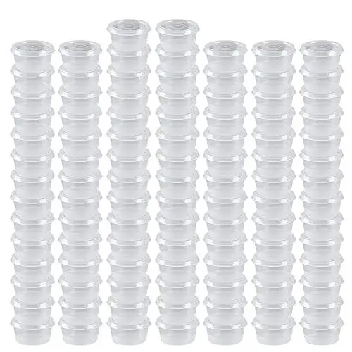 Produktbild: MIUPOO Runde Sauce Becher, Plastik Sauce Bechers, Transparente Sauce Becher, Mit Scharnierabdeckung, Kann Für Alle Arten Von Saucen, Runde 100 Sätze, 1 Unze Verwendet Werden.