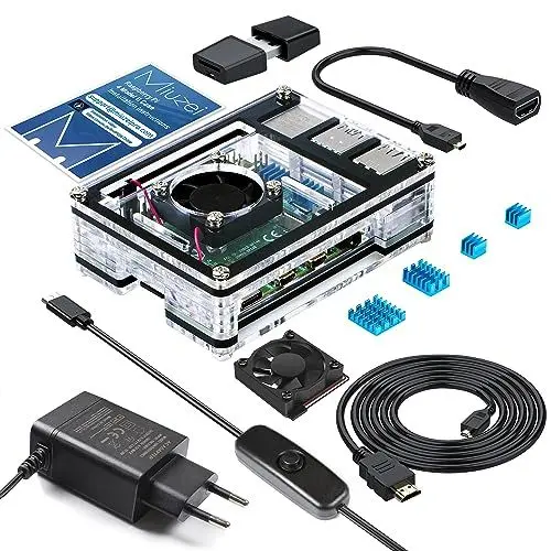 Produktbild: Miuzei Gehäuse für Raspberry Pi 4 mit Lüfter, 5.1V 3A 15.3W USB-C Netzteil,1.8M Micro-HDMI Kabel,Adapterkabel, 4 Aluminium Kühlkörper, USB Kartenleser Case für Raspberry Pi 4 Modell B Rasp Pi 8 4 2GB