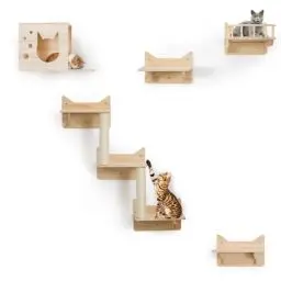 Produktbild: MIUZMORE Katzen Kletterwand aus Kiefernholz, Set mit 5 Kletterwand Katzen, Katzenkratzbaum mit 3 Stufen, Katzensitzstange, Katzenhaus und Katzenwohnung – Katzen Kletterwand Set