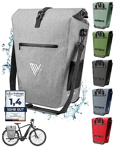 Produktbild: MIVELO 2in1 Fahrradtasche Gepäckträgertasche wasserdicht 100% PVC frei + Laptopfach + Schultergurt – Fahrrad Tasche für Gepäckträger 1 STK grau