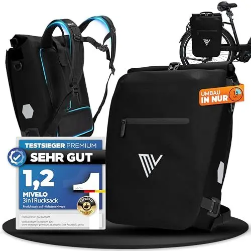 Produktbild: MIVELO 3in1 Fahrradtasche für Gepäckträger I Rucksack, Gepäckträgertasche hinten & Umhängetasche Fahrrad - In 15 Sekunden umgebaut I Bequemer Fahrradrucksack I 100% wasserdichte Tasche (Schwarz)
